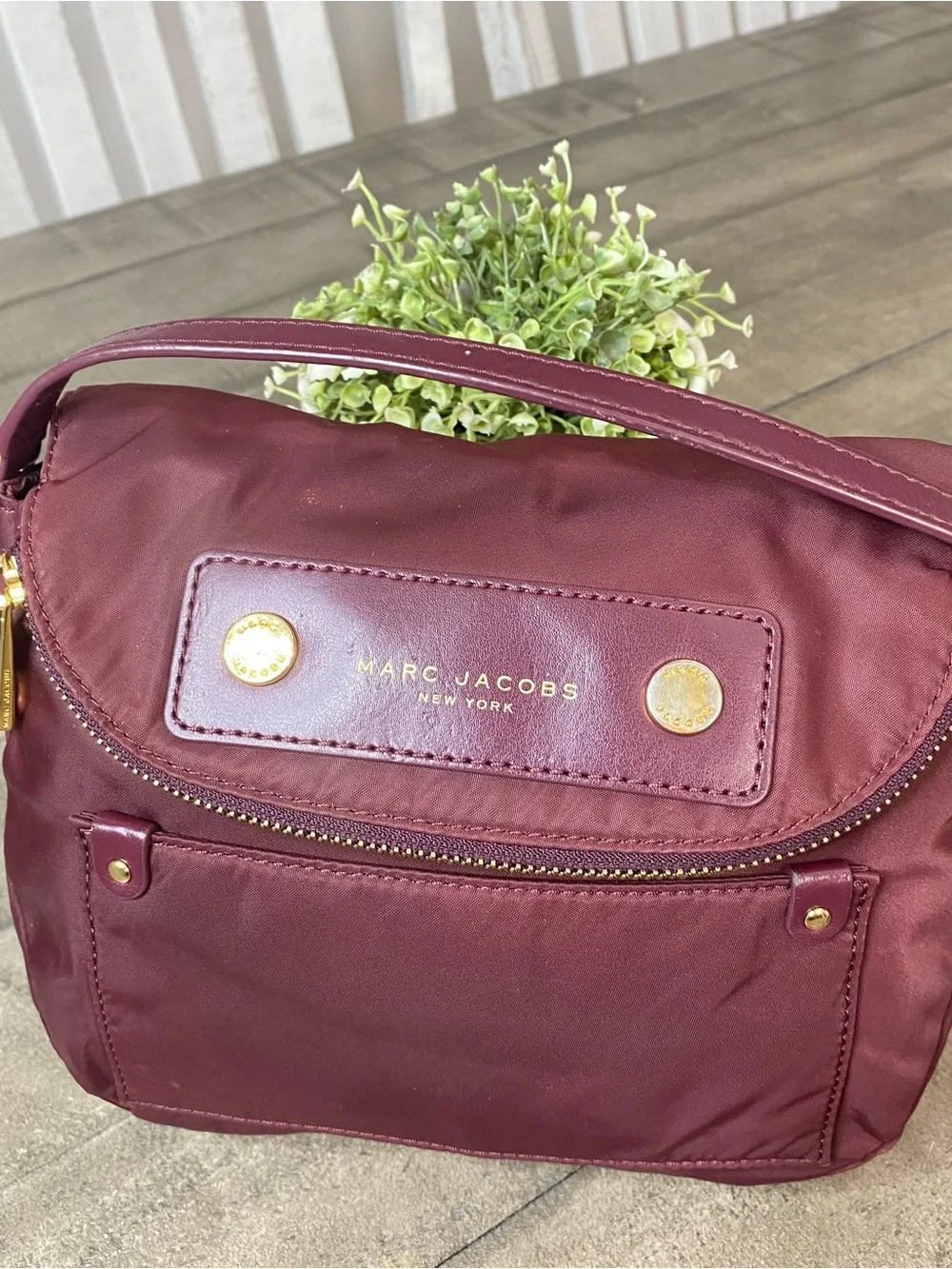 Marc Jacobs Preppy Nylon Mini Natasha Crossbody Bag Burgundy Gold Hardware